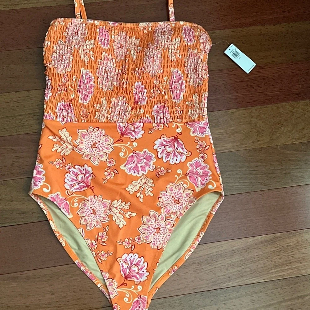 NEW Old Navy Floral One Piece Swimsuit Women's Size XS Smocked Orange NWT